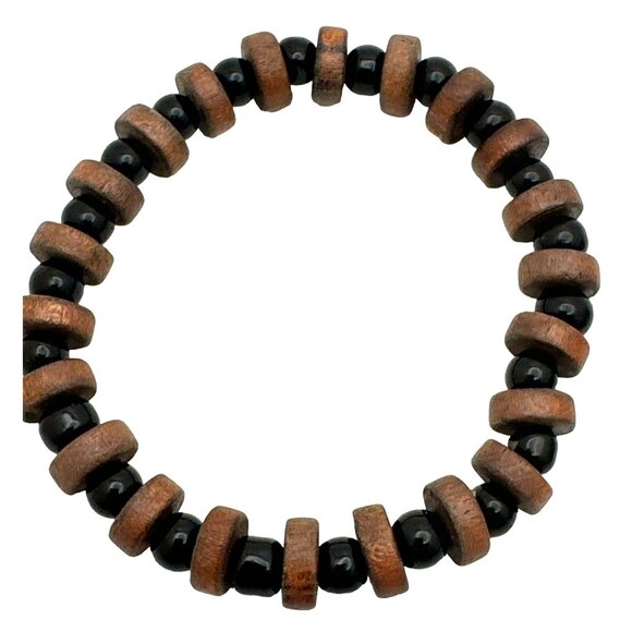 2 Island Boho Chic Bracelets Stretch Beaded Black Brown Kukui Nut Wood Glass - Picture 4 of 6